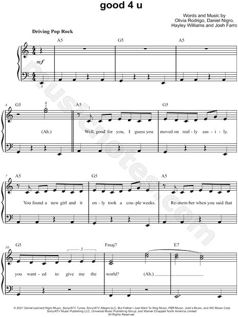 Olivia Rodrigo Good 4 U Sheet Music Easy Piano In A Minor