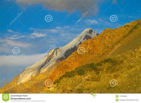 Mountain Valley Snow Peaks Behind Green Hills Stock Photo Image Of