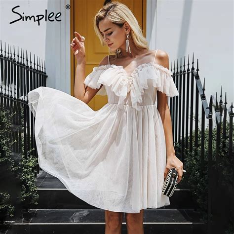 Simplee Strap V Neck Mesh Party Dress Elegant Ruffle Short Sleeve