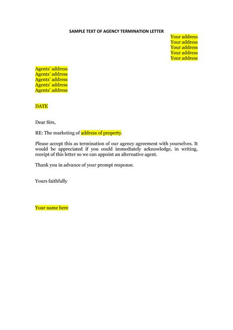 Sample Text Of Agency Termination Letter Templates At