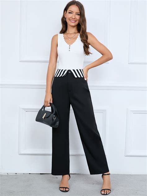 Shein Essnce Contrast Striped Flipped Waist Straight Leg Pants Shein Usa