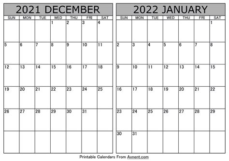 December 2021 January 2022 Calendar Template Two Months