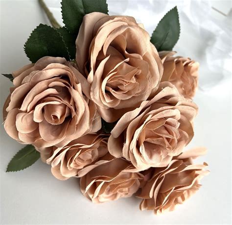Beige Brown Roses Faux Silk Wedding Flowers 9 Heads Rose Bunch Bouquet