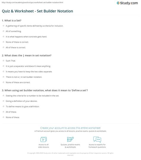 Quiz And Worksheet Set Builder Notation