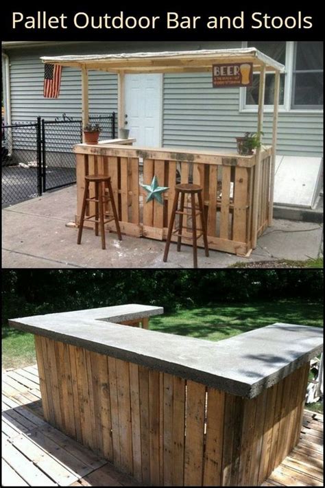 An Outdoor Bar And Stools Made Out Of Pallets Is Shown In Two Different
