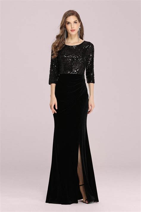 Formal Long Black Evening Velvet Dress With Sequined 34 Sleeves 64