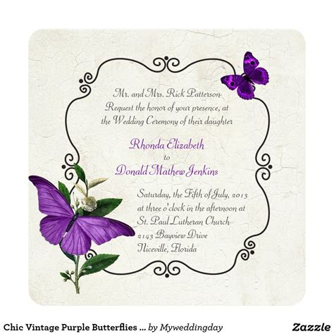 Chic Vintage Purple Butterflies Wedding Invitation