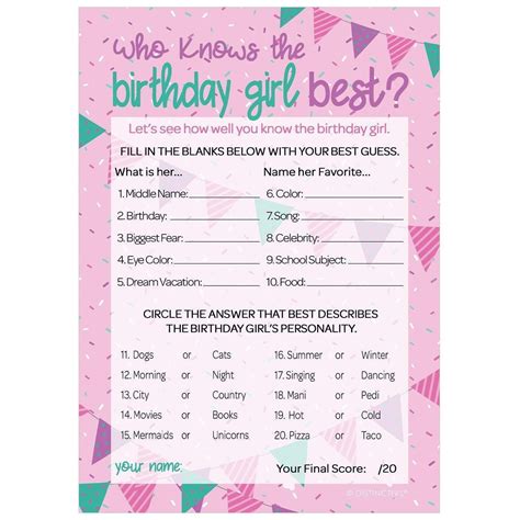 Who Knows The Birthday Girl Best Birthday Party Game 10 Player Cards Distinctivs