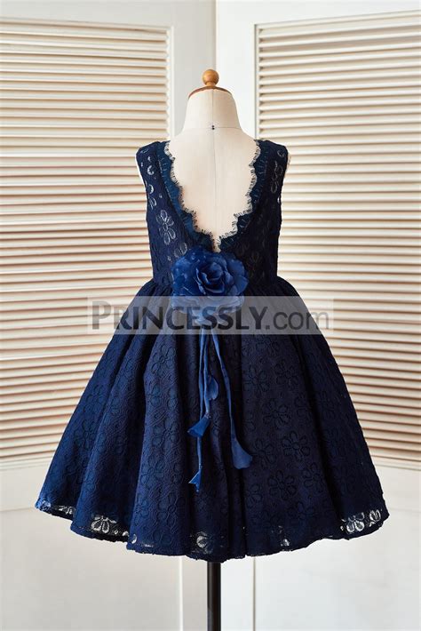 Navy Blue Lace Deep V Back Flower Girl Dress With Handmade