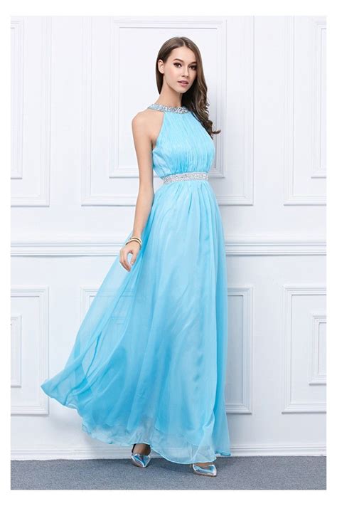 Blue Beaded Chiffon Long Halter Formal Dress 92 Ck460