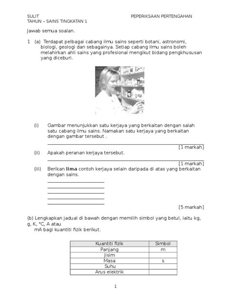 Soalan Peperiksaan Sains Tingkatan 1 Kssm