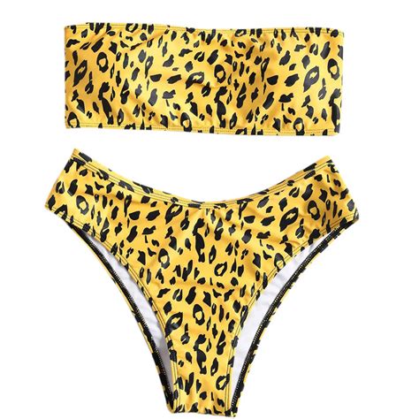 Leopard Print Bandeau Bikinis Women Swimwear Sexy Bandage Swimsuit Low