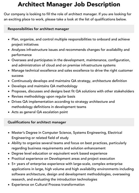 Architect Manager Job Description Velvet Jobs