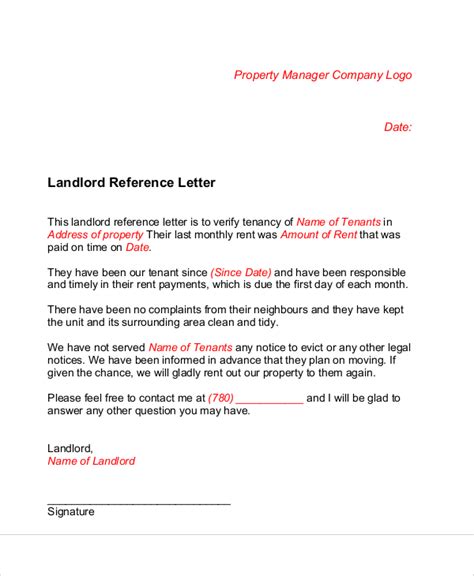 Landlord Reference Letter Template Word