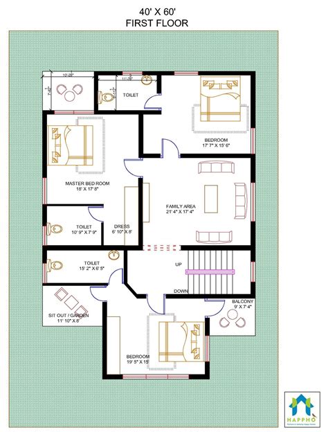60x40 Ft Apartment 2 Bhk House Furniture Layout Plan