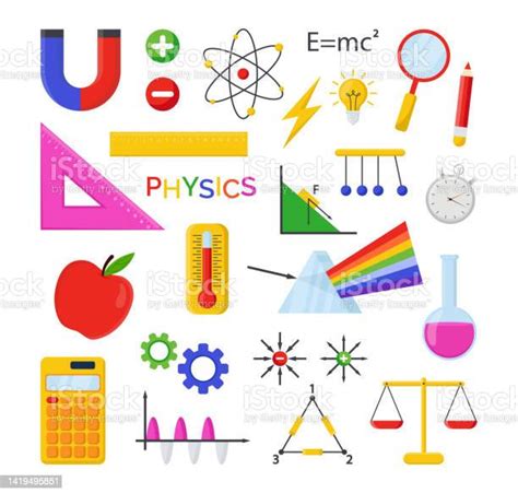 Different Physics Symbols Vector Illustrations Set Stock Illustration