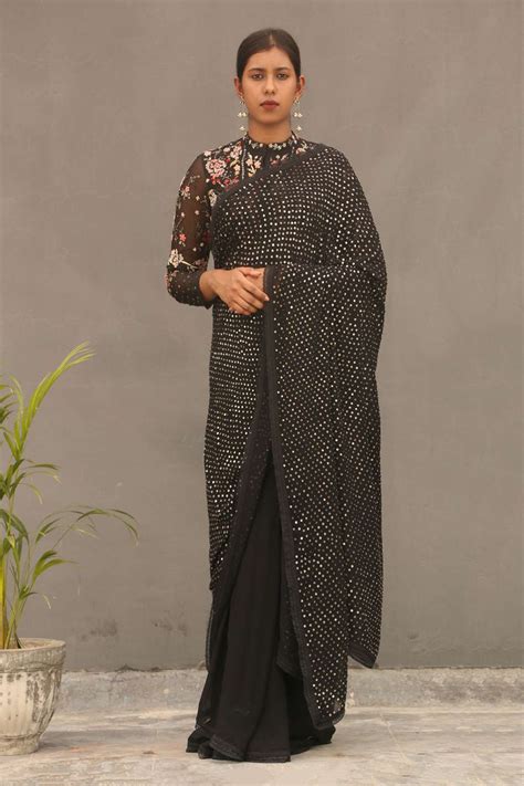 Buy Shasha Gaba Black Silk Organza Hand Embroidered Saree With Blouse