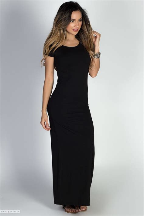 Solid Black Jersey Casual Long Summer Dress With Sleeves Habillée Décontractée Robe T Shirt