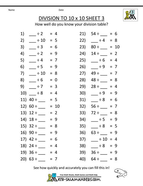Free Printable Math Worksheets Division