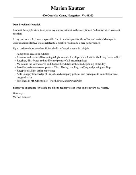 receptionist administrative assistant cover letter velvet jobs