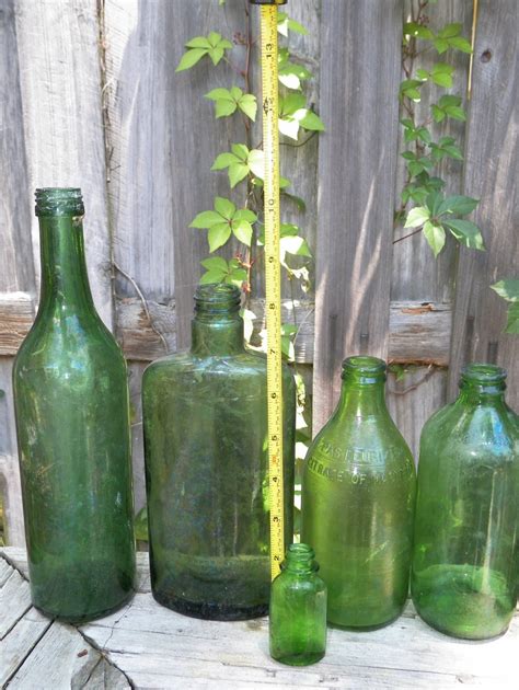 lot of vintage green glass bottles set of 5 mixed