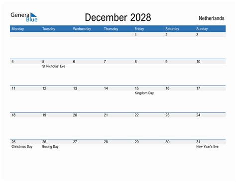 Editable December 2028 Calendar With Netherlands Holidays
