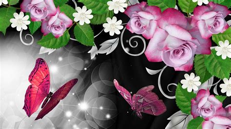 Pink Roses Butterfly Shine Hd Desktop Wallpaper Widescreen High