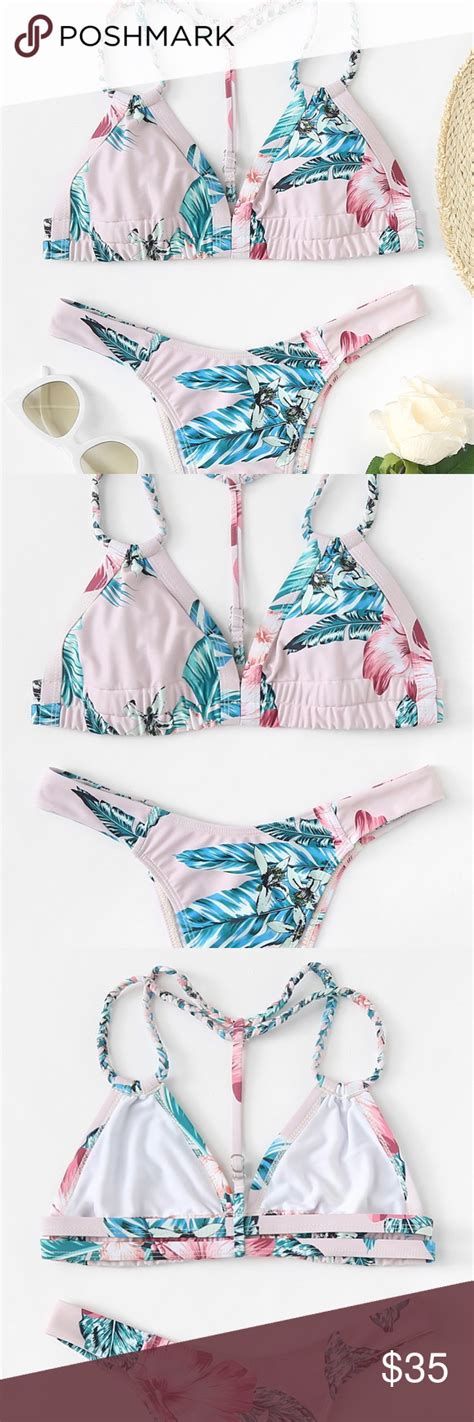pink tropical floral braided strap bikini set braided strap bikini girly bikini clothes design