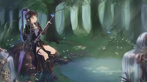 Anime Girl Sitting On Rock In Forest Live Wallpaper
