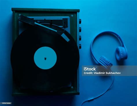 Vinyl Player With Lp Record Retro Wave Neon Light Ultraviolet Nightclub