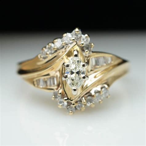 Vintage 40ct Marquise Cut Diamond Engagement Ring 14k Yellow Gold Size 8 Complete Bridal