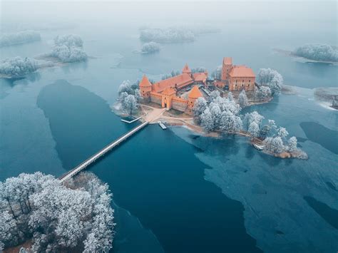 Aerial View Castle Lithuania Island Winter Mist Trakai Island