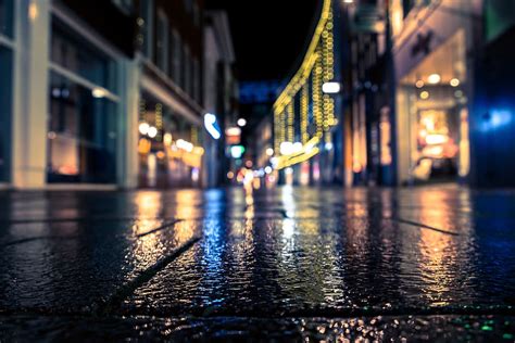 Street Reflection Bokeh City Rain Paving Night Light Water