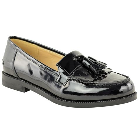 Womens Ladies Flat Casual Office Patent Faux Leather Fringe Tassel