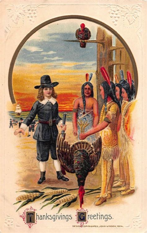 Winsch Art Thanksgiving Postcard Indians And Pilgrim With Turkey And Corn~108504 Thanksgiving