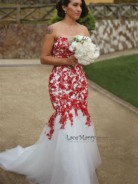 Red Lace Wedding Dress With Ivory Tulle Strapless Sweetheart Etsy