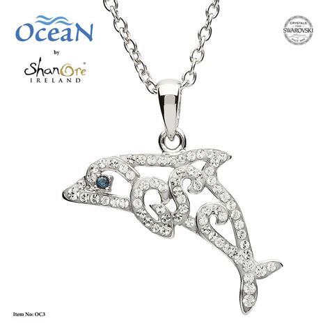 Silver Dolphin Pendant Adorned With White Swarovski Crystal By Shanore White Gold Jewelry