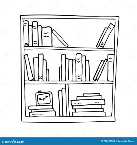 Bookshelf Various Books Doodle Sketch Illustration Stock Vector