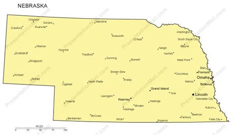 Nebraska Outline Map With Capitals And Major Cities Digital Vector