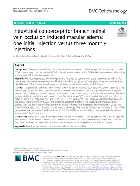 Pdf Intravitreal Conbercept For Branch Retinal Vein Occlusion Induced