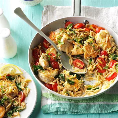 Basically, you brown chicken, then cook it + orzo in tomatoes and chicken broth, with parmesan cheese and basil stirred in at the end. Lemon Chicken with Orzo Recipe | Taste of Home