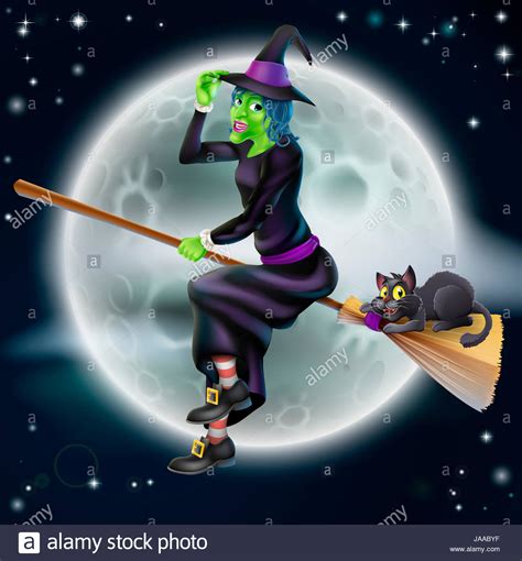 Young happy and attractive witches and devil. A happy cartoon Halloween witch flying on her broom stick ...