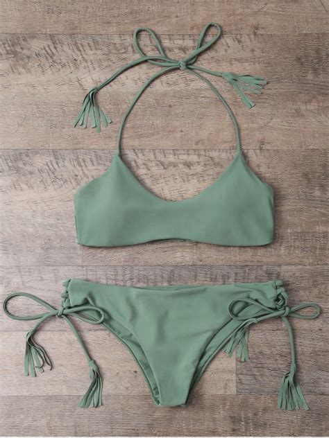 Tasselled Halter Bikini Set Army Green Bikinis Zaful