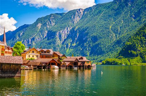 Fantastic View On Hallstatt Village And Alpine Lake Austrian Alps
