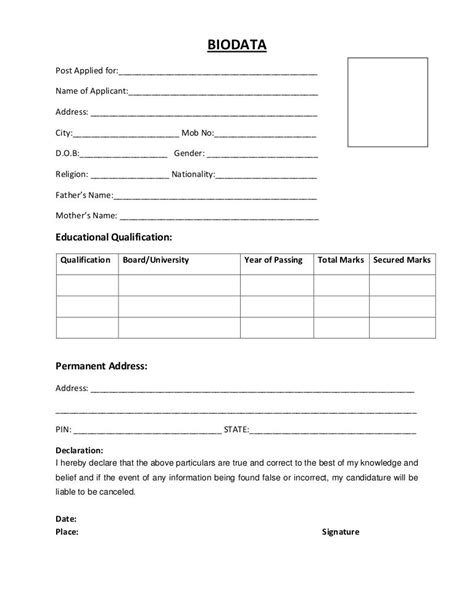 Biodata Blank Form Printable Printable Forms Free Online