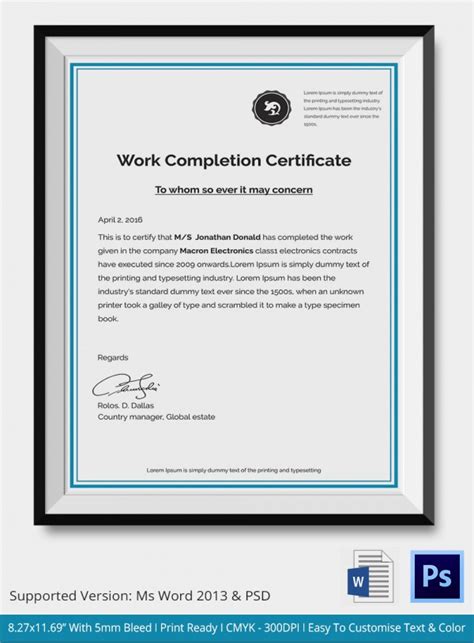 Certificate Of Work Completion Forms