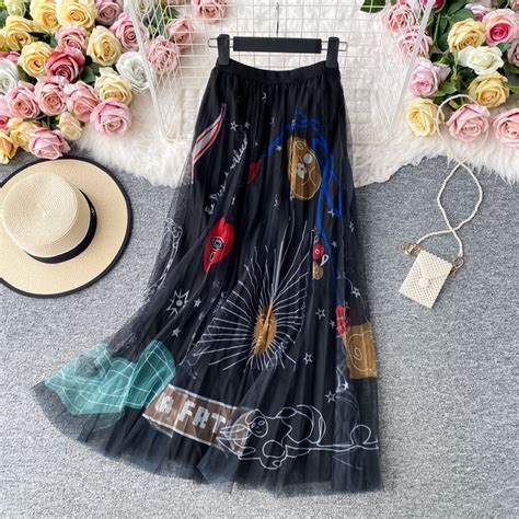 TIGENA 90cm Maxi Tulle Skirt Women Korean Style Fashion Beautiful Print