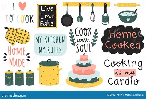 Cooking Related Typography Set Quotes About Kitchen Vintage Vector Illustration