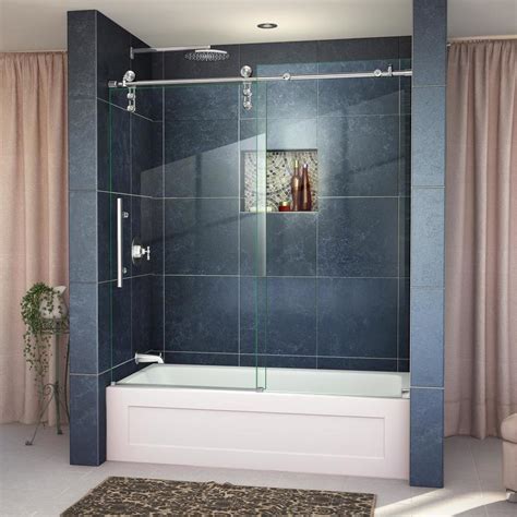 The fully frameless sliding shower door has brushed stainless steel finish for a smooth classy look. DreamLine Enigma-Z 55-in to 59-in W Frameless Polished ...