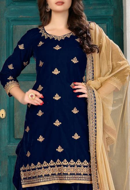 Embroidered Velvet Punjabi Suit In Navy Blue Lady Selection Inc